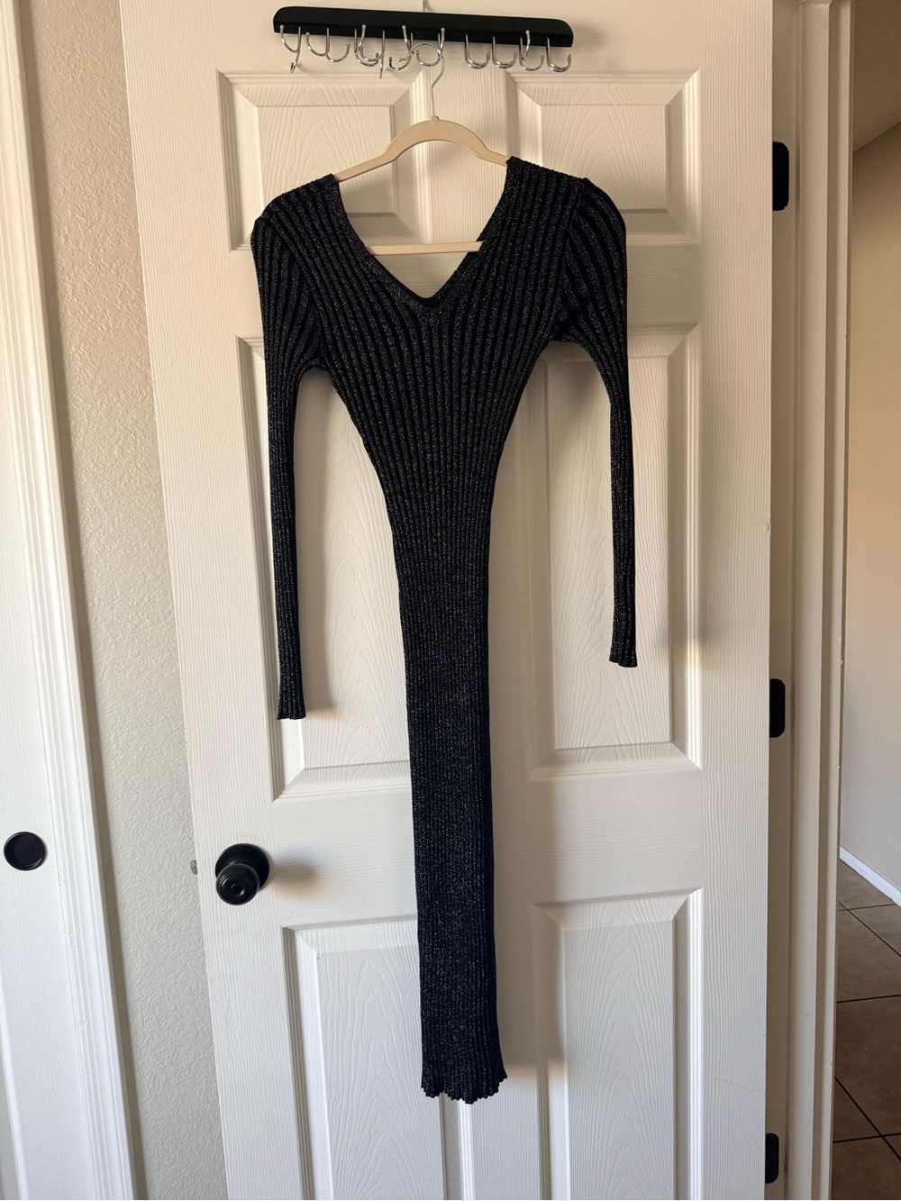 Fashion Nova Black Ribbed V-Neck Long Sleeve Dress with Subtle Shimmer